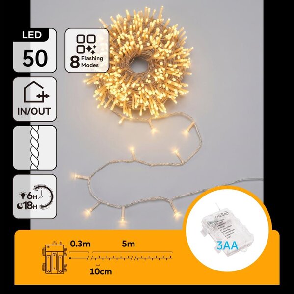 Aigostar - LED catena luminosa natalizia da esterno 50xLED/8 funzioni 3xAA 5,3m IP44 bianco caldo