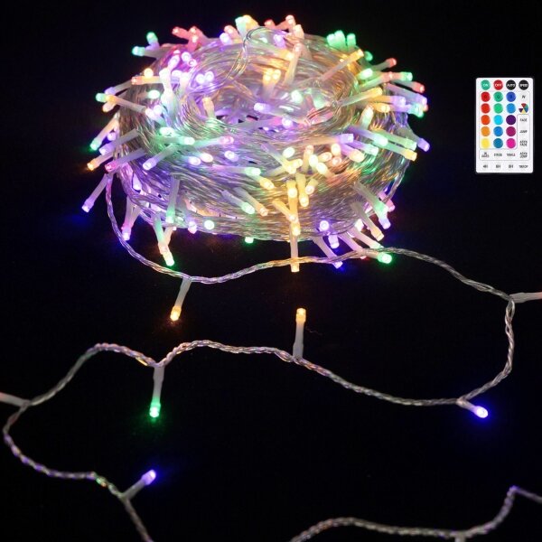 Aigostar -LED Catena luminosa natalizia da esterno 100 LED/7 funzioni 4xAA 10,3m IP44 multicolore