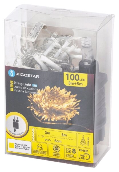 Aigostar - LED catena luminosa natalizia da esterno 100xLED/8 funzioni 5,3m IP44 bianco caldo