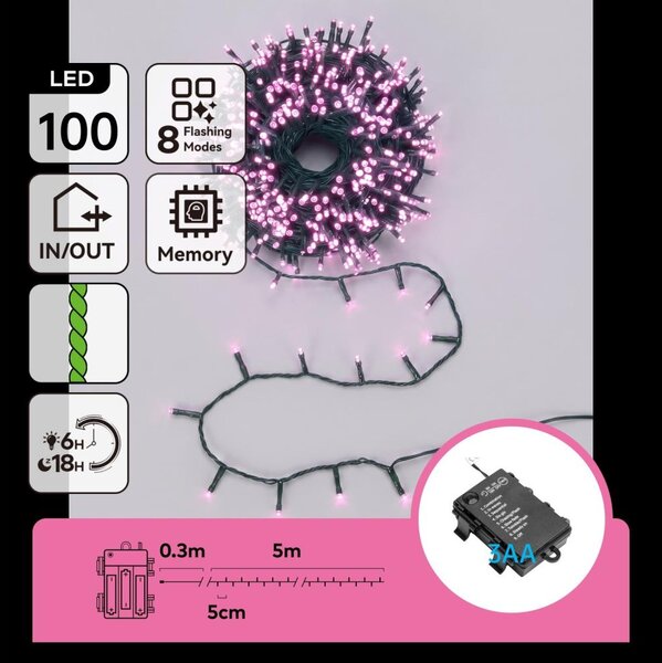 Aigostar - Catena luminosa natalizia LED da esterno 100xLED/8 funzioni 3xAA 5,3m IP44 rosa