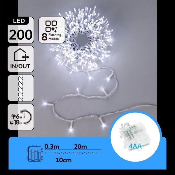 Aigostar-LED Catena luminosa natalizia da esterno 200 LED/8 funzioni 4xAA 20m IP44 bianco freddo