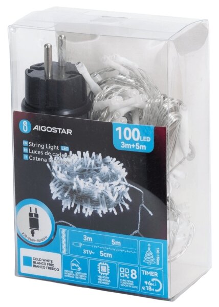 Aigostar - Catena luminosa natalizia da esterno 100xLED/8 funzioni 5,3m IP44 bianco freddo