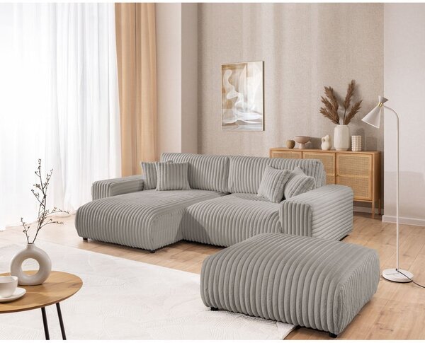 Divano angolare con penisola a sinistra grigio chiaro e rivestimento in velluto a coste allungabile e con contenitore Sarina – Ropez