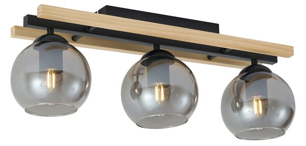 Plafoniera moderna nera con legno e vetro fumé 3 luci - Aleks