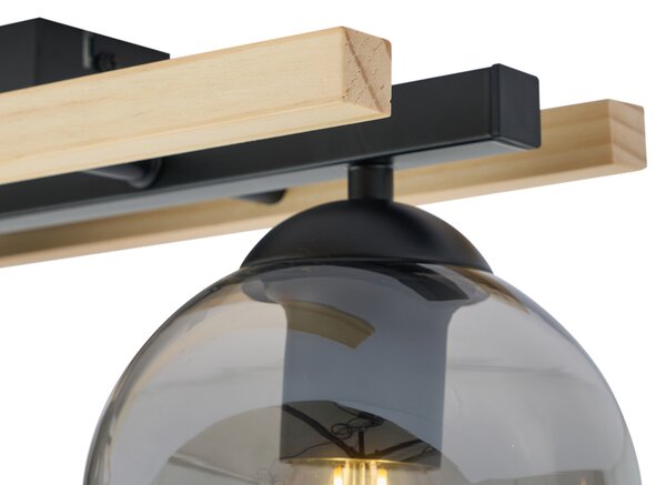 Plafoniera moderna nera con legno e vetro fumé 3 luci - Aleks