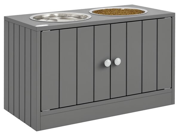 PawHut Ciotola per Cani Rialzata con 2 Ciotole in Acciaio Inossidabile e 44 L di Vano Contenitore, Porte Magnetiche, Grigio | Aosom Italy