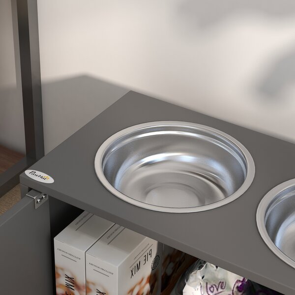 PawHut Ciotola per Cani Rialzata con 2 Ciotole in Acciaio Inossidabile e 44 L di Vano Contenitore, Porte Magnetiche, Grigio | Aosom Italy
