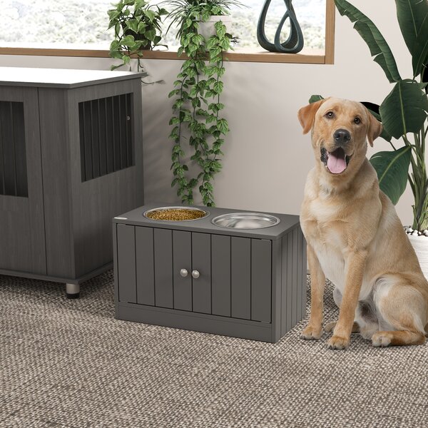 PawHut Ciotola per Cani Rialzata con 2 Ciotole in Acciaio Inossidabile e 44 L di Vano Contenitore, Porte Magnetiche, Grigio | Aosom Italy