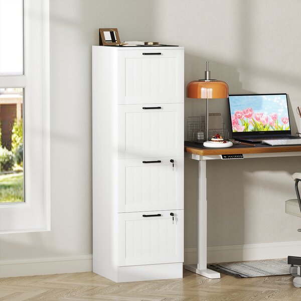 HOMCOM Mobile per ufficio in legno con 4 cassetti e serratura, barre di sospensione regolabili, 40 x 40 x 131 cm, Bianco | Aosom Italy