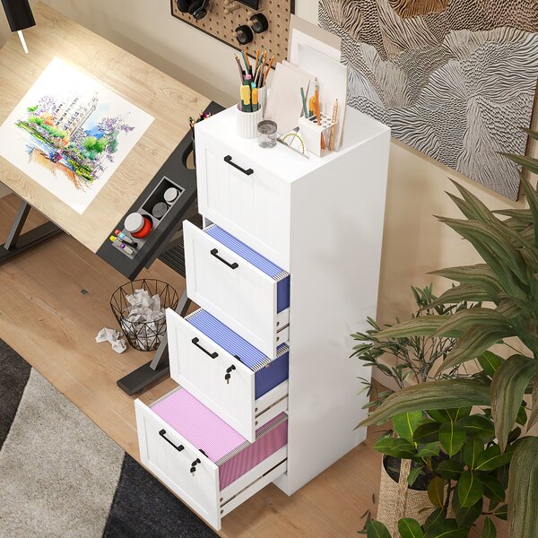 HOMCOM Mobile per ufficio in legno con 4 cassetti e serratura, barre di sospensione regolabili, 40 x 40 x 131 cm, Bianco | Aosom Italy