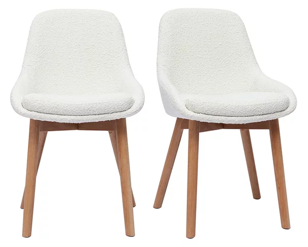 Sedie scandinave in tessuto effetto lana bouclé bianco e legno chiaro massello (set di 2) HOLO