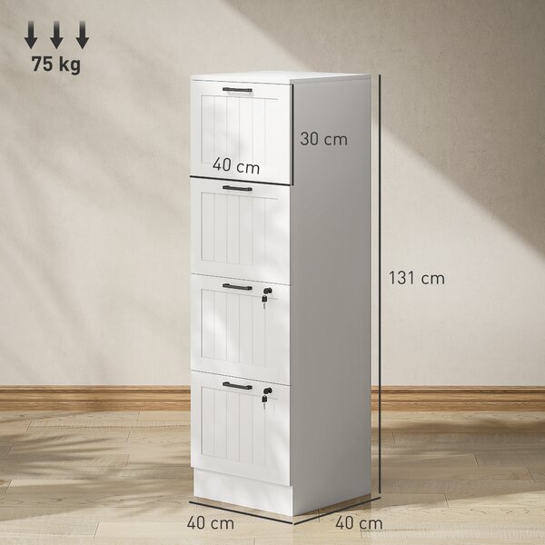 HOMCOM Mobile per ufficio in legno con 4 cassetti e serratura, barre di sospensione regolabili, 40 x 40 x 131 cm, Bianco | Aosom Italy