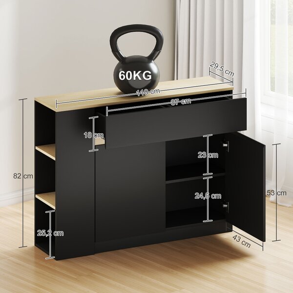 HOMCOM Credenza Moderno da cucina con 2 cassetti, Mobile basso con 3 scaffali aperti e 2 ante, per soggiorno, sala e Ingresso, Nero | Aosom Italy