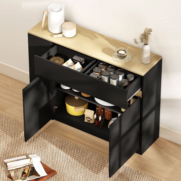 HOMCOM Credenza Moderno da cucina con 2 cassetti, Mobile basso con 3 scaffali aperti e 2 ante, per soggiorno, sala e Ingresso, Nero | Aosom Italy