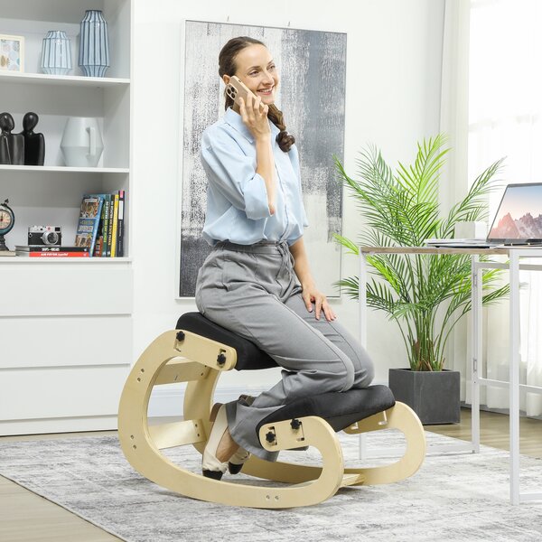 HOMCOM Sedia Inginocchiatoio con Movimento a Dondolo, in Tessuto Effetto Lino e Legno di Betulla, Nero | Aosom Italy