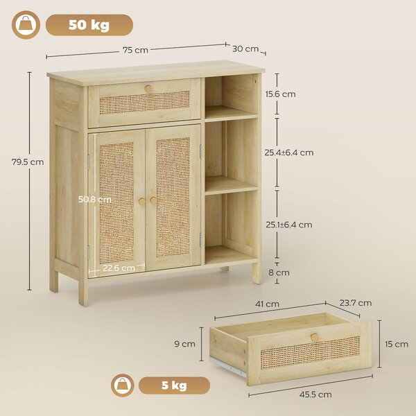 HOMCOM Credenza in legno con 2 porte in rattan, cassetto, nicchie aperte e mensole regolabili, 75x30x79,5cm, Legno naturale | Aosom Italy