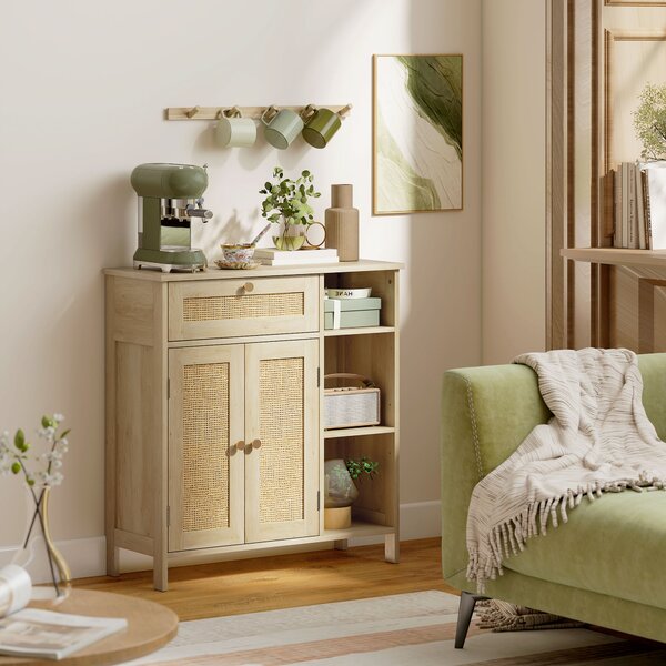 HOMCOM Credenza in legno con 2 porte in rattan, cassetto, nicchie aperte e mensole regolabili, 75x30x79,5cm, Legno naturale | Aosom Italy