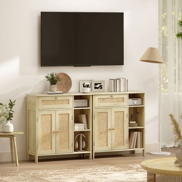 HOMCOM Credenza in legno con 2 porte in rattan, cassetto, nicchie aperte e mensole regolabili, 75x30x79,5cm, Legno naturale | Aosom Italy