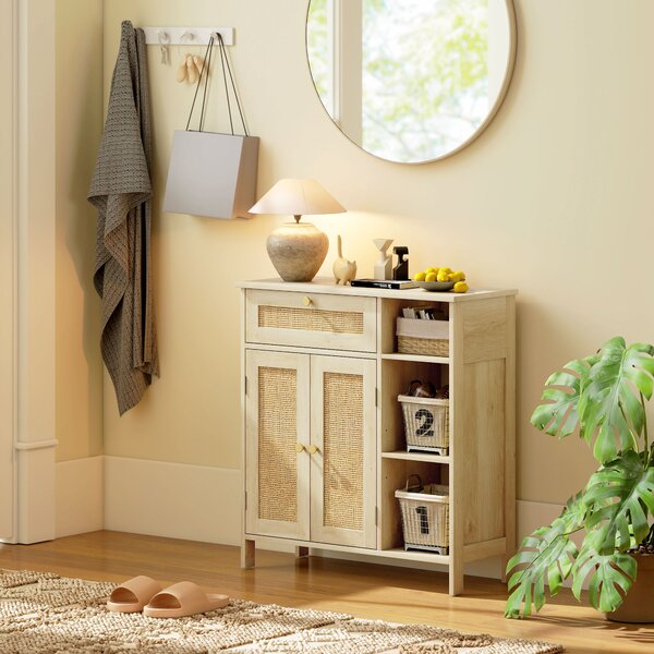HOMCOM Credenza in legno con 2 porte in rattan, cassetto, nicchie aperte e mensole regolabili, 75x30x79,5cm, Legno naturale | Aosom Italy
