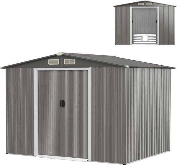Capanno in metallo, casetta da giardino con fondamenta e tetto a due falde, ripostiglio con 2 porte scorrevoli e 4 finestre di ventilazione, capanno da giardino per esterni, 260 x 207 x 181 cm (grigio scuro)