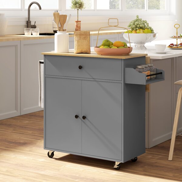 HOMCOM Isola da cucina su rotelle, con cassetto, ripiano regolabile portaspezie e barra porta asciugamani, Grigio | Aosom Italy