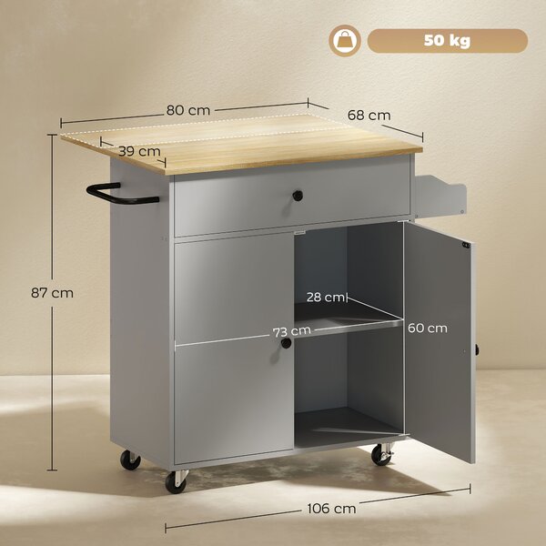 HOMCOM Isola da cucina su rotelle, con cassetto, ripiano regolabile portaspezie e barra porta asciugamani, Grigio | Aosom Italy