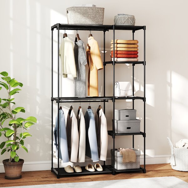 HOMCOM Guardaroba Portatile con 2 Aste e 6 Ripiani, in Tessuto non Tessuto, Plastica e Acciaio, 111x43x185 cm, Nero | Aosom Italy