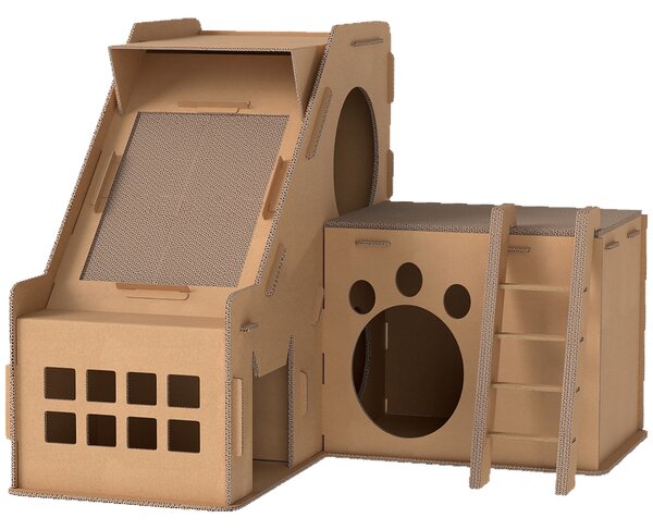 PawHut Tiragraffi in Cartone per Gatti a Forma di Castello 2 in 1, con 2 Aree di Graffiatura 67x66x57 cm Marrone | Aosom Italy