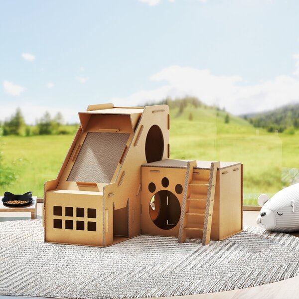 PawHut Tiragraffi in Cartone per Gatti a Forma di Castello 2 in 1, con 2 Aree di Graffiatura 67x66x57 cm Marrone | Aosom Italy