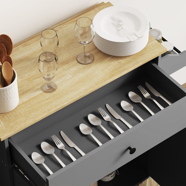 HOMCOM Isola da cucina su rotelle, con cassetto, ripiano regolabile portaspezie e barra porta asciugamani, Grigio | Aosom Italy