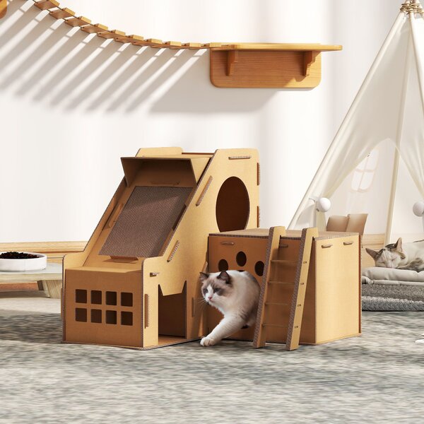 PawHut Tiragraffi in Cartone per Gatti a Forma di Castello 2 in 1, con 2 Aree di Graffiatura 67x66x57 cm Marrone | Aosom Italy