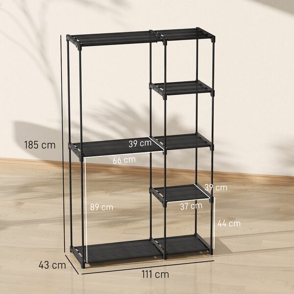HOMCOM Guardaroba Portatile con 2 Aste e 6 Ripiani, in Tessuto non Tessuto, Plastica e Acciaio, 111x43x185 cm, Nero | Aosom Italy