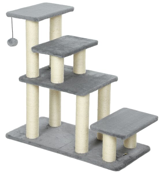 PawHut Scala per animali regolabile con 4 gradini in sisal, con gioco e tiragraffi 70 x 32 x 68 cm Grigio | Aosom Italy