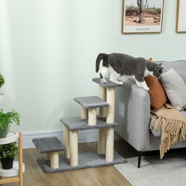 PawHut Scala per animali regolabile con 4 gradini in sisal, con gioco e tiragraffi 70 x 32 x 68 cm Grigio | Aosom Italy