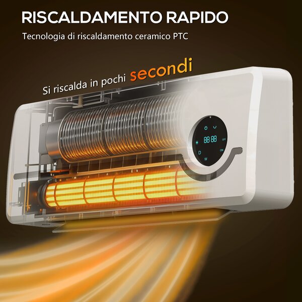 HOMCOM Stufa Ceramica 2000W a Parete con 3 Modalità, Temperatura Regolabile, Timer, Telecomando, Blocco Bambini, Bianco | Aosom Italy