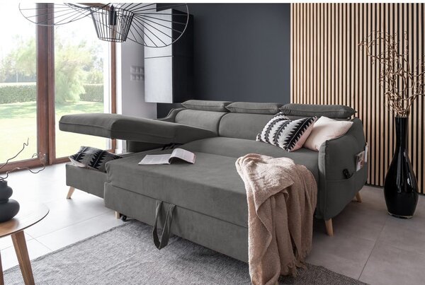 Divano letto angolare in velluto grigio scuro (angolo sinistro) Sweet Harmony - Miuform