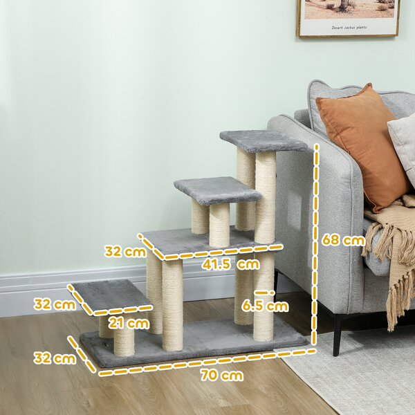 PawHut Scala per animali regolabile con 4 gradini in sisal, con gioco e tiragraffi 70 x 32 x 68 cm Grigio | Aosom Italy