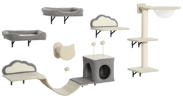 PawHut Set Mensole da parete per gatti da 6 pezzi, con amache, tiragraffi e lettini, Beige | Aosom Italy