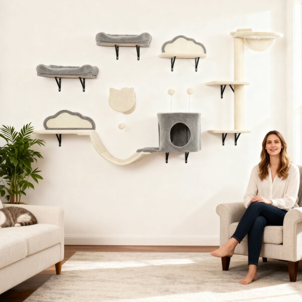 PawHut Set Mensole da parete per gatti da 6 pezzi, con amache, tiragraffi e lettini, Beige | Aosom Italy