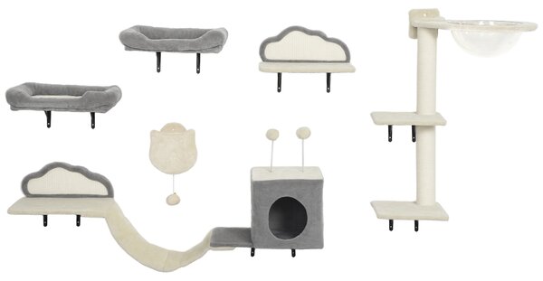 PawHut Set Mensole da parete per gatti da 6 pezzi, con amache, tiragraffi e lettini, Beige | Aosom Italy