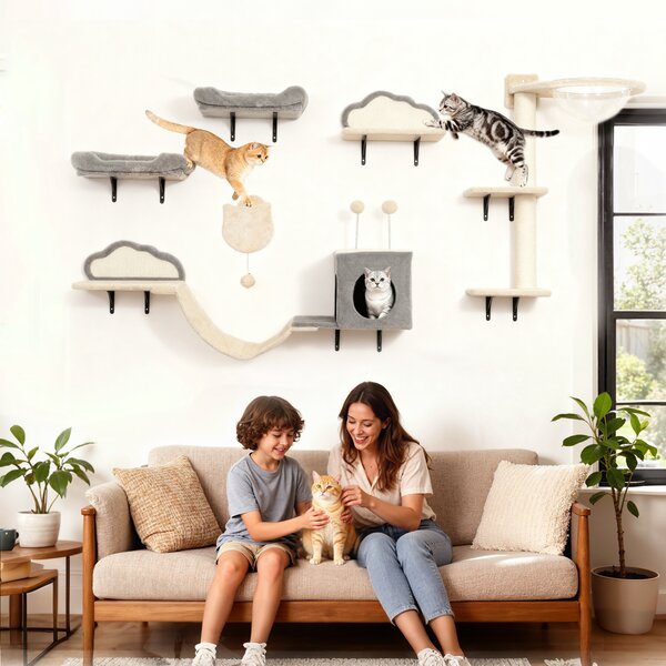 PawHut Set Mensole da parete per gatti da 6 pezzi, con amache, tiragraffi e lettini, Beige | Aosom Italy