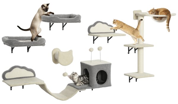 PawHut Set Mensole da parete per gatti da 6 pezzi, con amache, tiragraffi e lettini, Beige | Aosom Italy