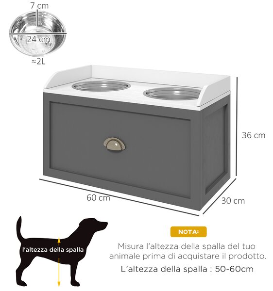 PawHut Ciotole per Cani Rialzate in Acciaio Inox e Legno con Cassetto, 60x30x36cm, Grigio | Aosom Italy