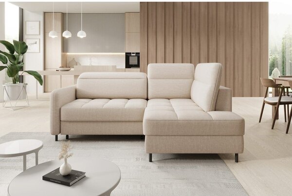 Divano angolare beige allungabile/con contenitore (con penisola a destra/a L) e rivestimento in velluto Barea – ELTAP