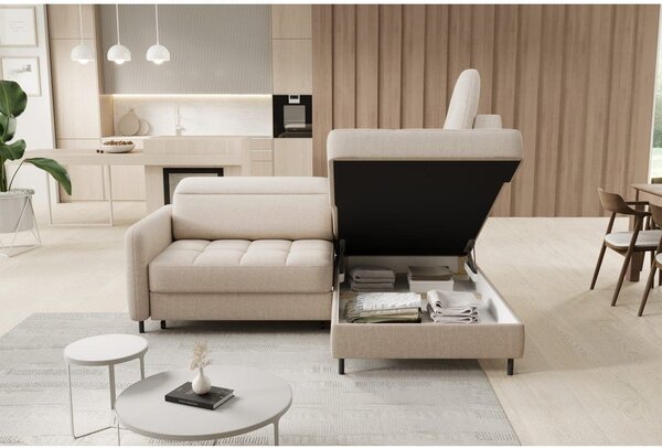 Divano angolare beige allungabile/con contenitore (con penisola a destra/a L) e rivestimento in velluto Barea – ELTAP