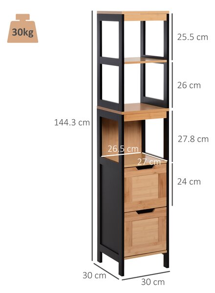 Kleankin Colonna Bagno con 2 Cassetti e 3 Vani Aperti, Mobile Bagno in Legno MDF e Bambù 30x30x144.3 cm, Colore Legno|Aosom