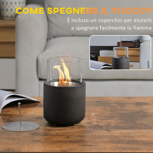 HOMCOM Camino a Bioetanolo con borosilicato rimovibile e Coperchio, da Tavolo con Serbatoio da 0.4L, 12x12x19cm, Grigio Scuro | Aosom Italy