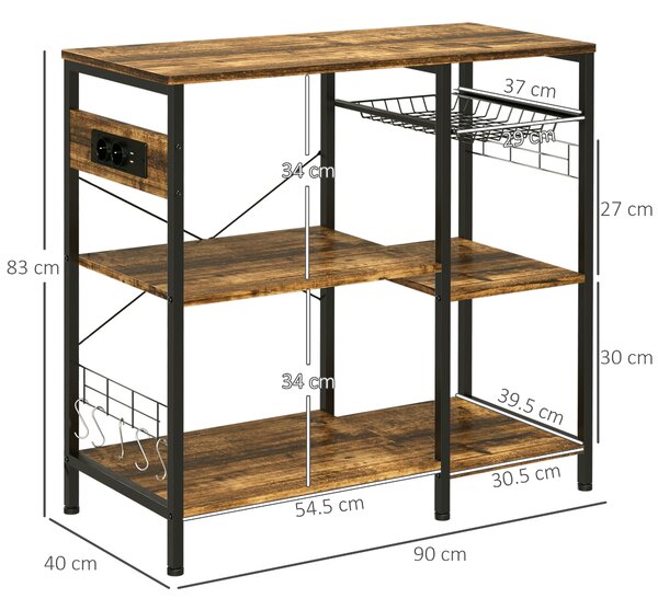 HOMCOM Mobile da Cucina a 3 ripiani in Truciolato con Presa di corrente, Porta USB e Cestino, 90x40x83cm|Aosom