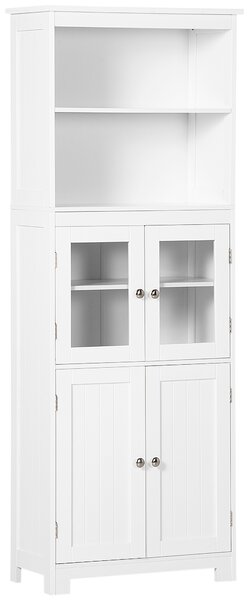 HOMCOM Mobile Dispensa con 2 Ripiani Aperti e 2 Armadietti con Ante, in MDF e Vetro, 60x30x162 cm, Bianco