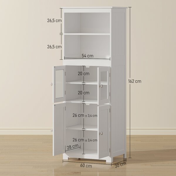 HOMCOM Mobile Dispensa con 2 Ripiani Aperti e 2 Armadietti con Ante, in MDF e Vetro, 60x30x162 cm, Bianco